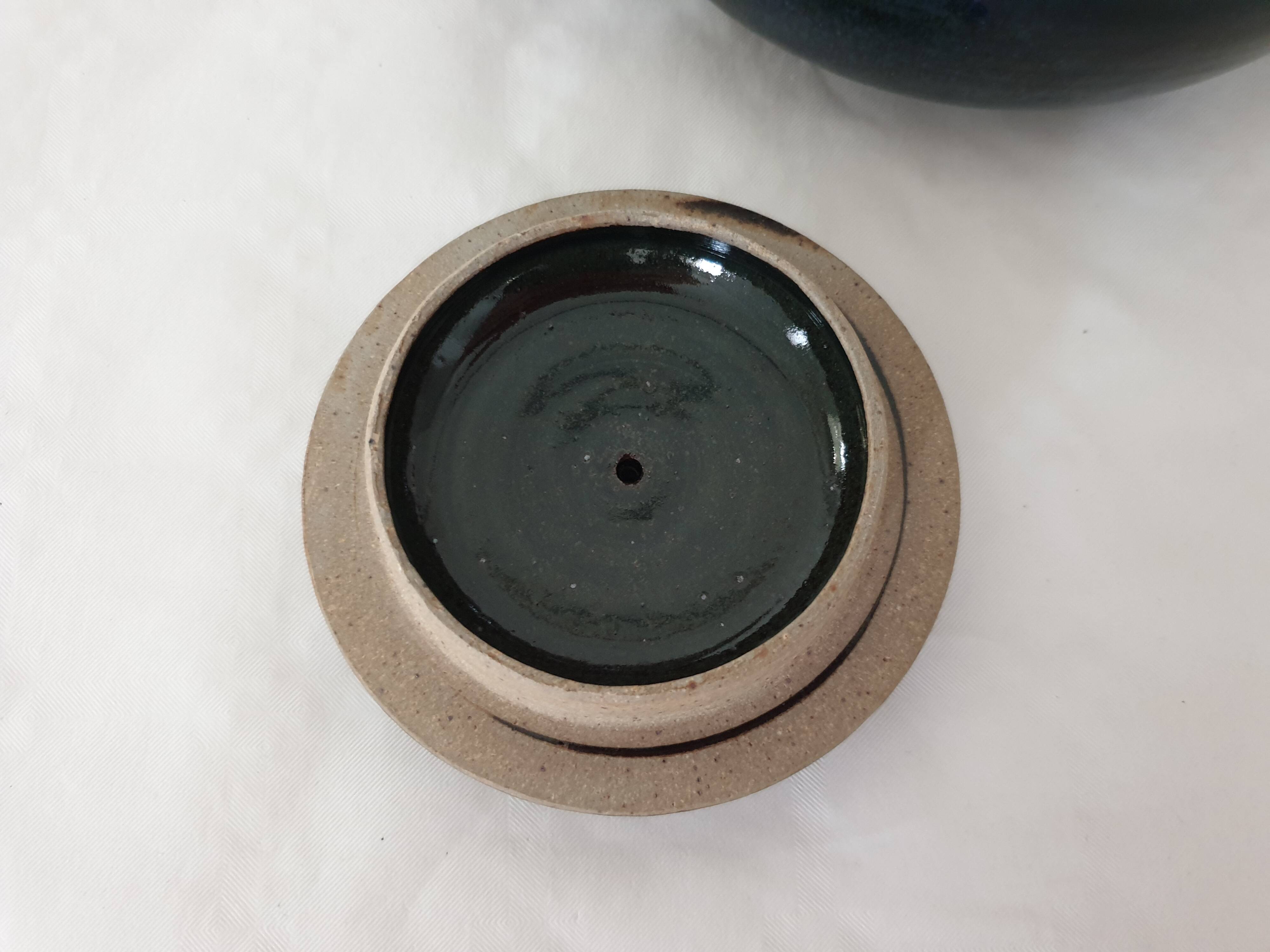 Blue glazed stoneware ceramic teapot Signed Pictogram Signature to identify