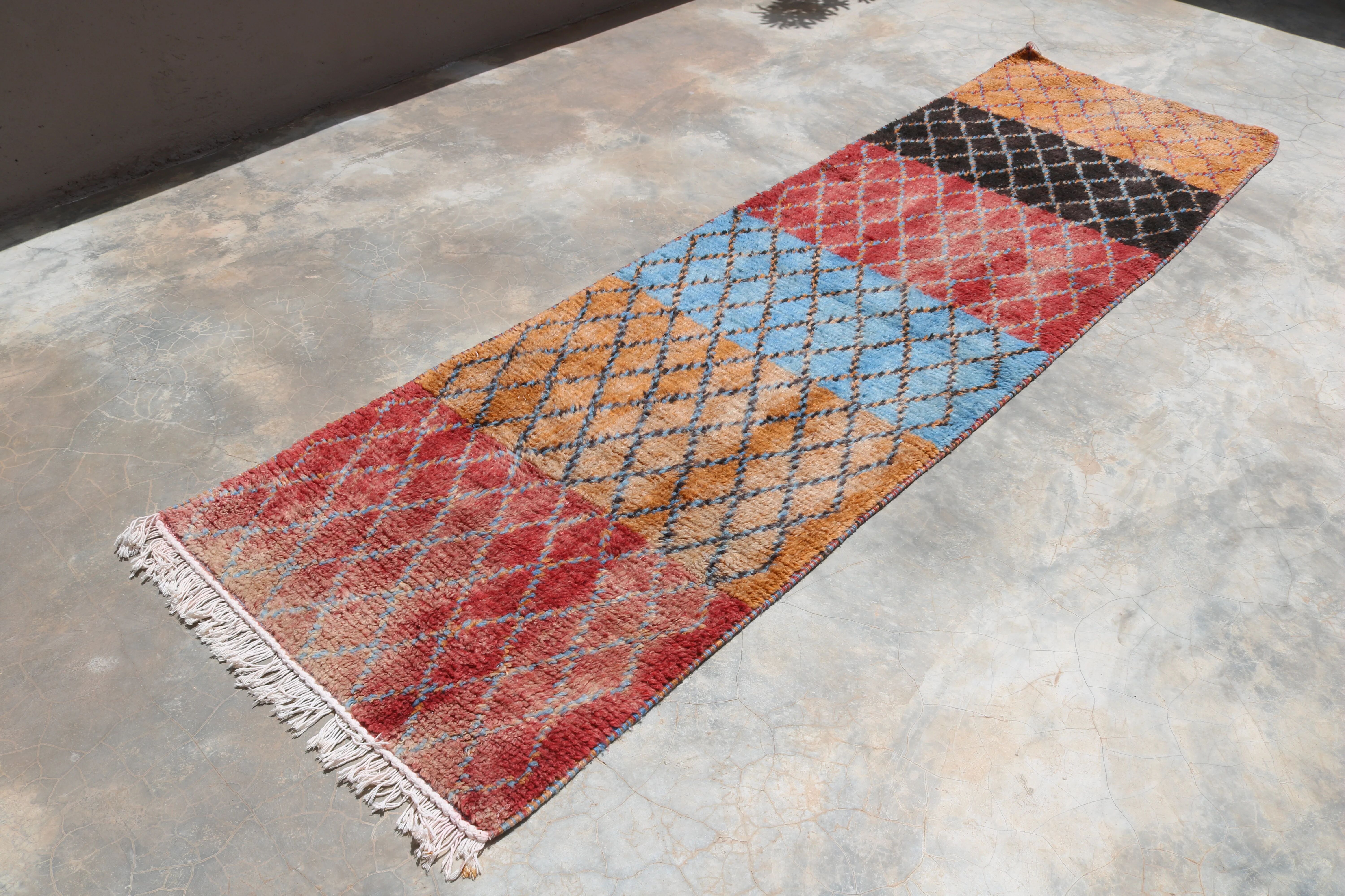 Handwoven coloured wool rug, 295 x 85 cm - R364