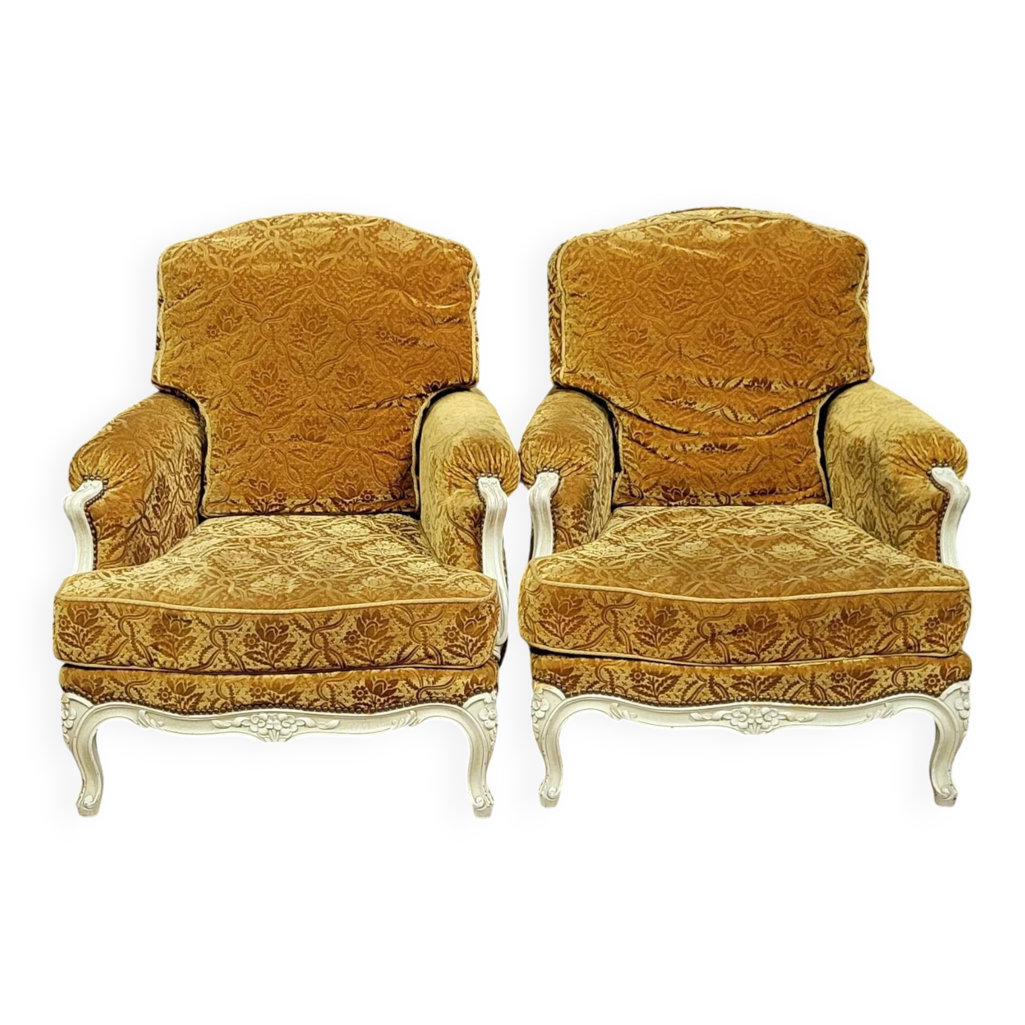 Pair of Louis XV style Bérgères in lacquered wood, 19th century