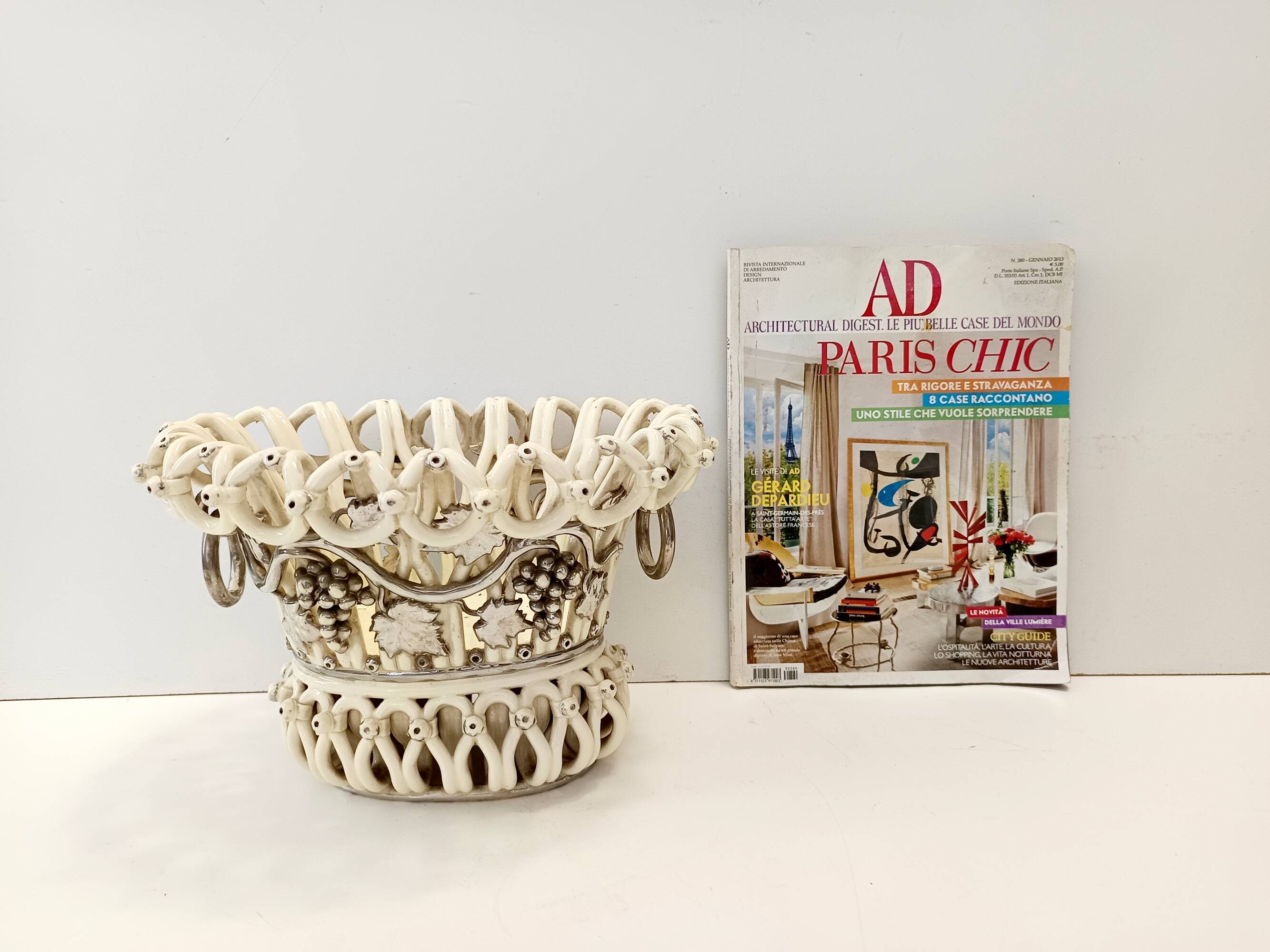 Creamy White Ceramic Fruit Bowl or Centerpiece by Charles de Boissimon