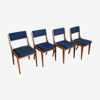 Set of 4 vintage chairs base wood and blue fabric circa 60