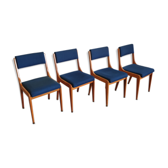 Lot de 4 chaises vintage piètement bois et tissu bleu circa 60