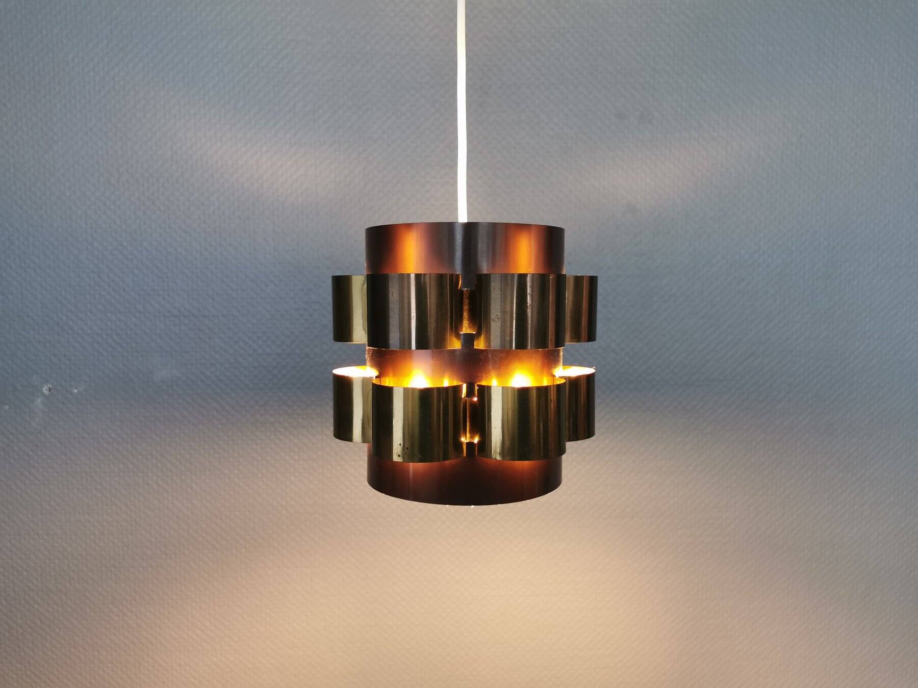 Danish cylindrical hanging lamp in brown and gold 1980s