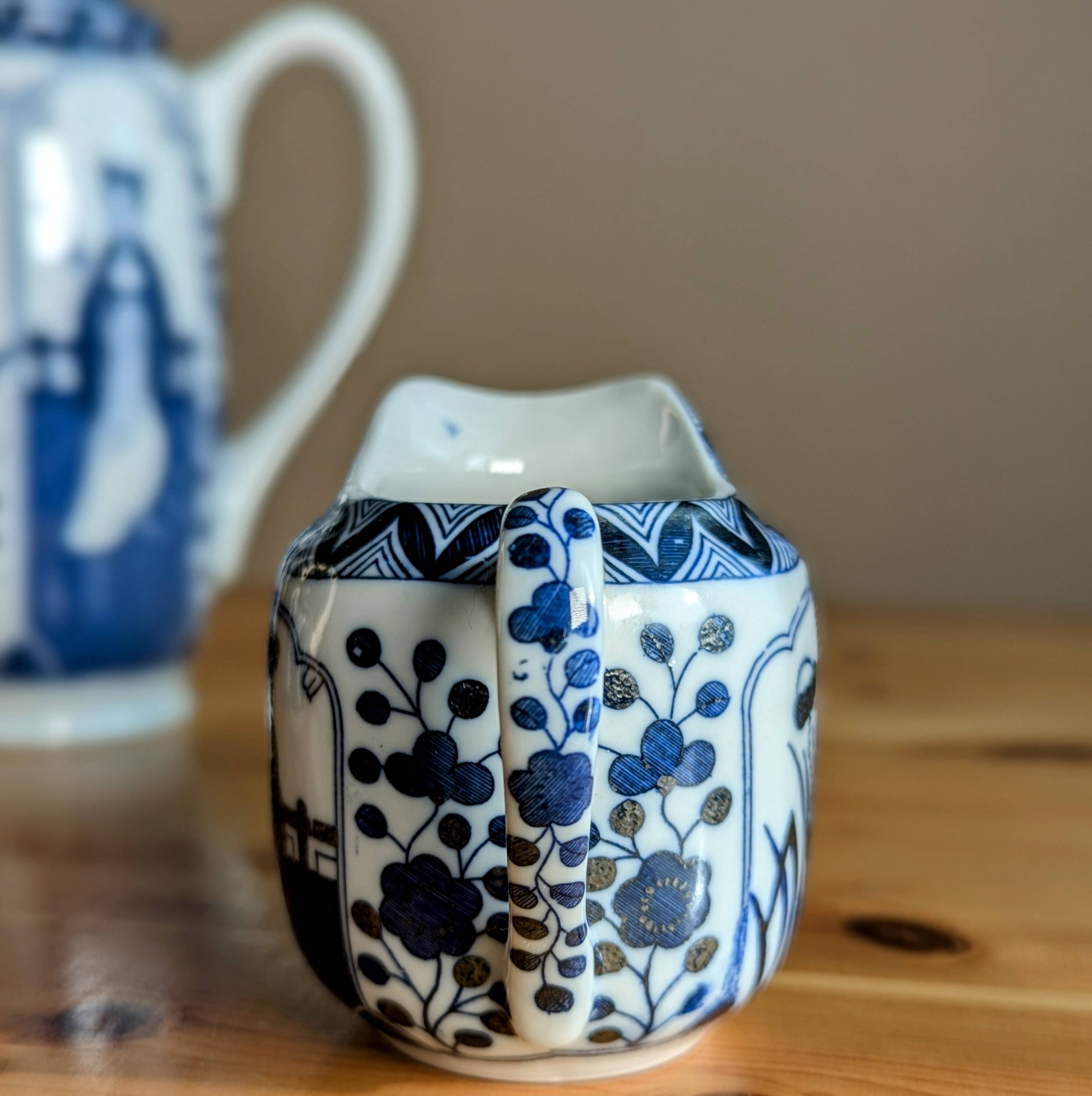 Teapot Sugar Bowl Creamer Japanese Porcelain Asian Blue White Floral Geisha