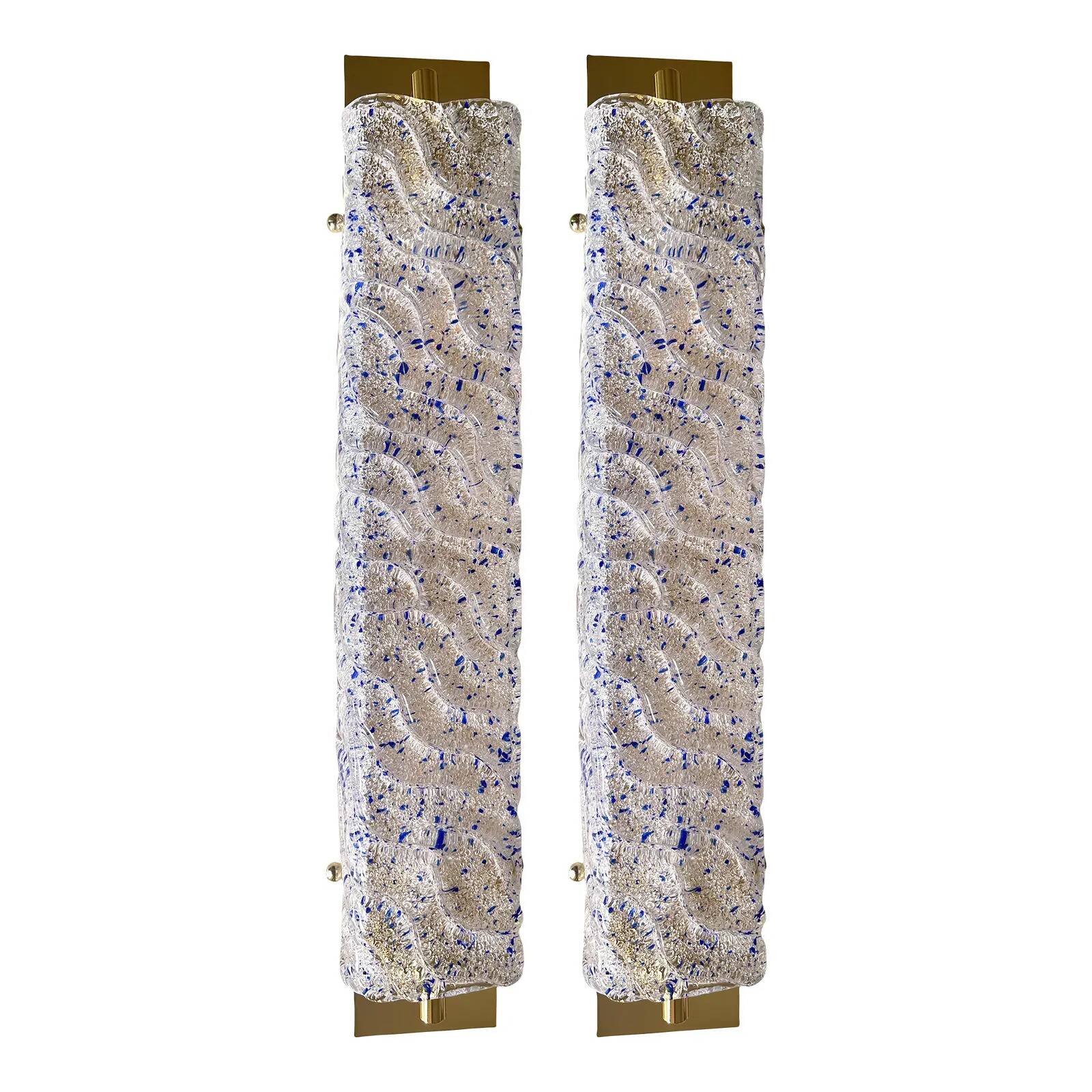 Pair of Gold Wall Sconces with Blue Graniglia Murano Glass