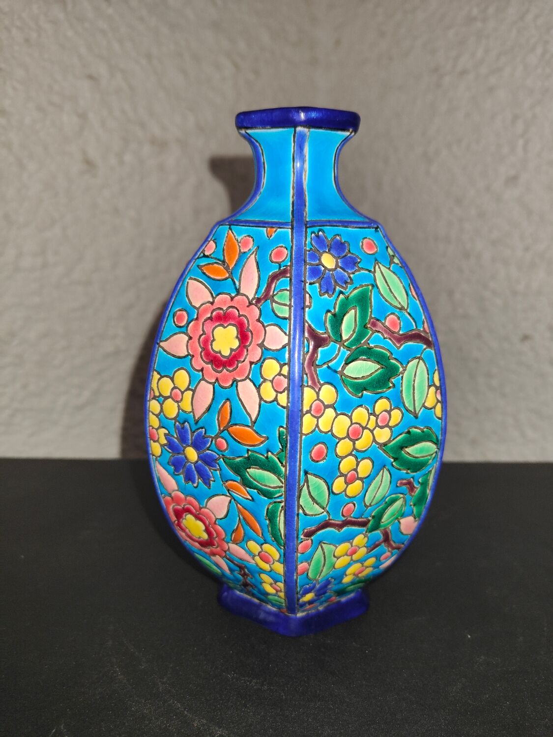 Octagonal ball vase in Longwy earthenware with floral decoration of cloisonné enamels