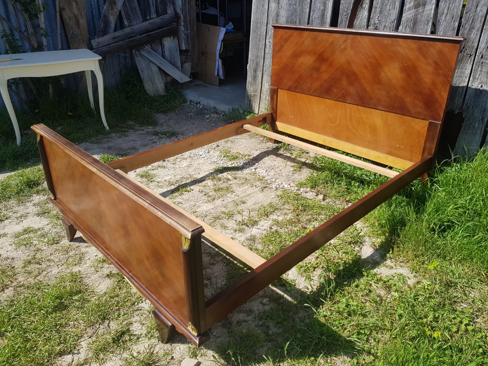 Former art deco bed 2 people wood - vintage golden ornaments