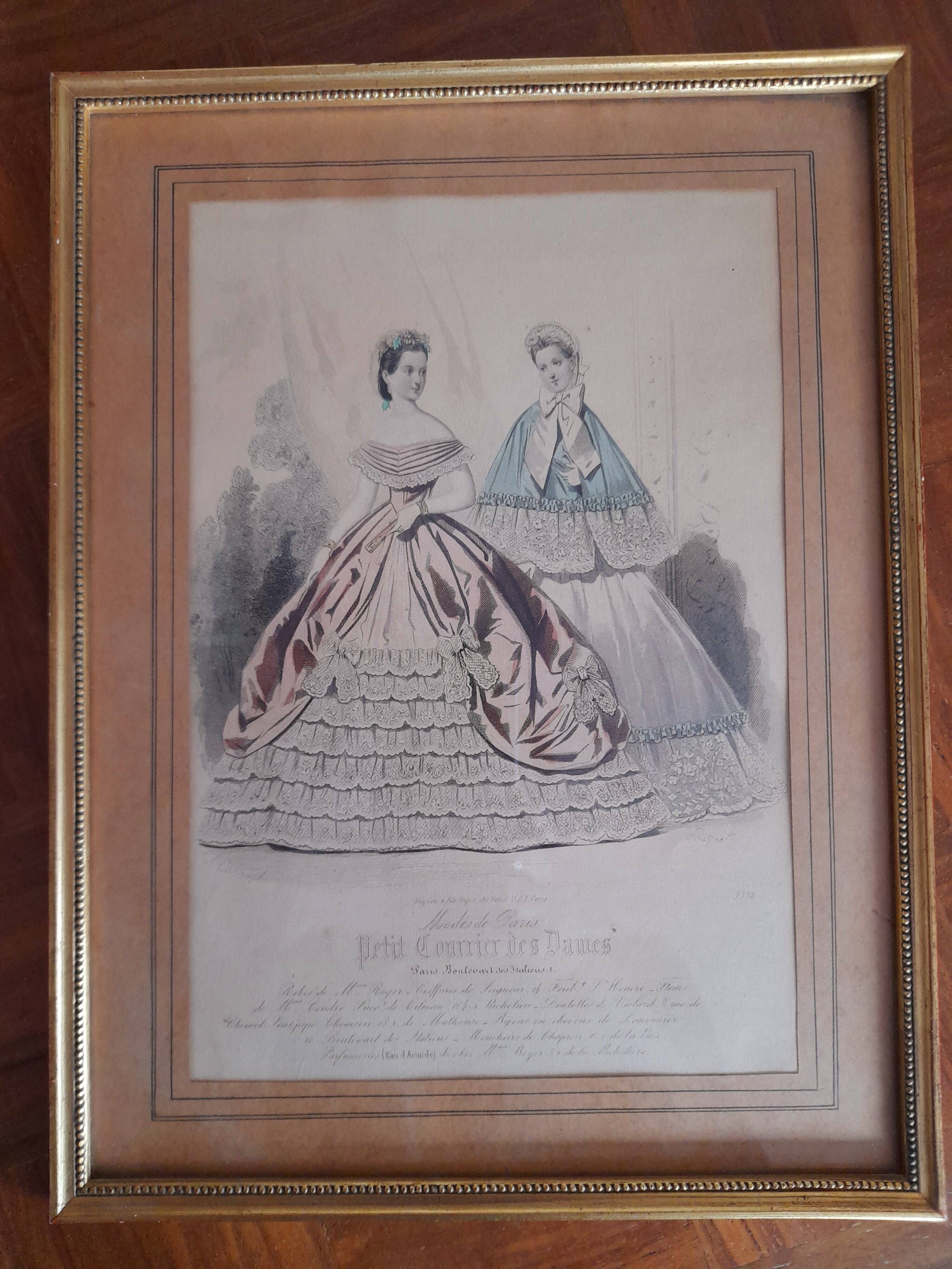 Set of 2 golden frames old engraving "Petit courier des Dames" "journal des Demoiselles"