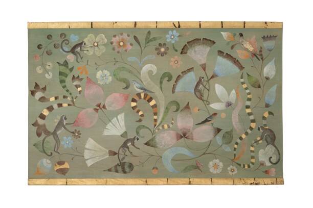 Canvas painted with a decor of lemurs, birds, and flowers. Contemporary.