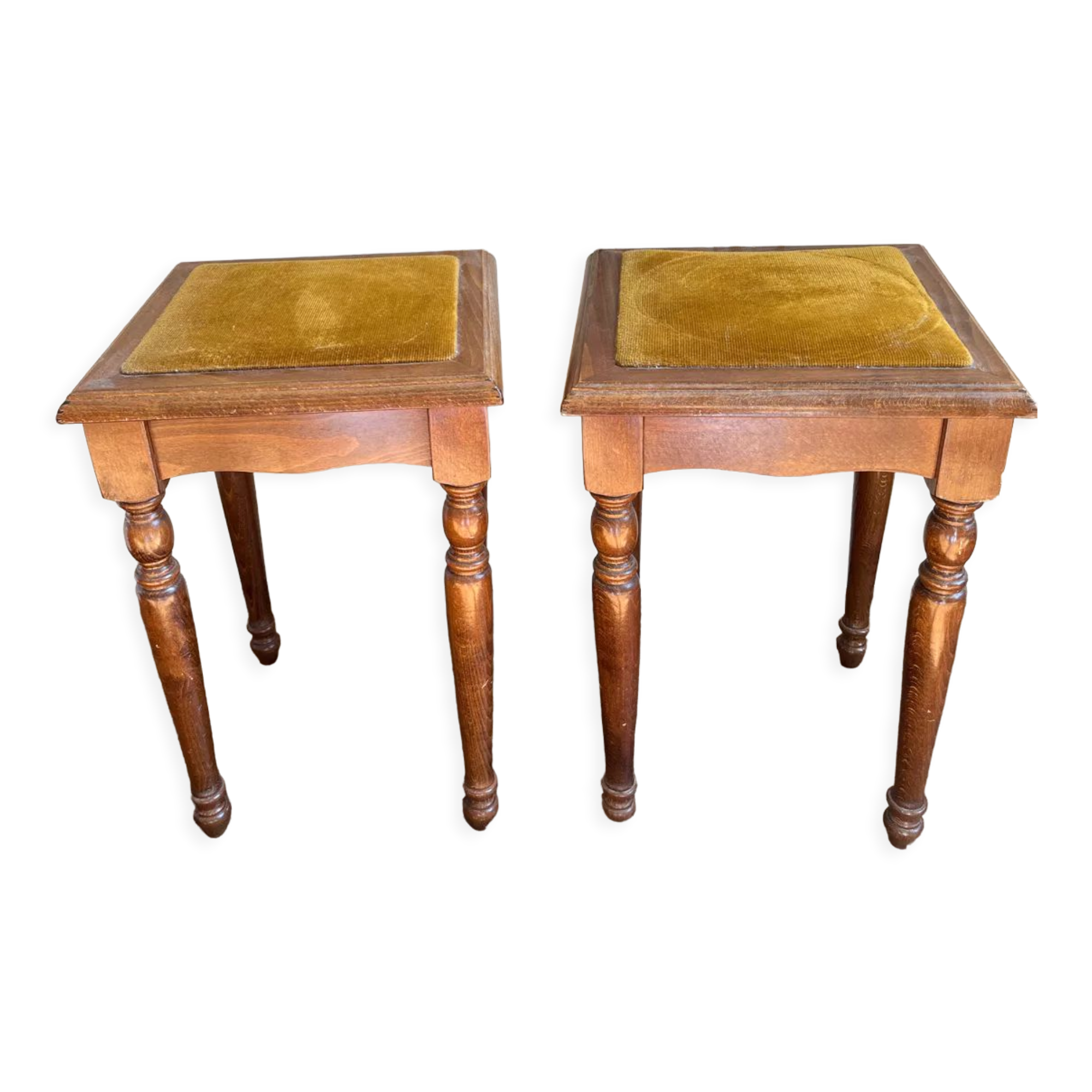 Antique wooden stools, velvet seats