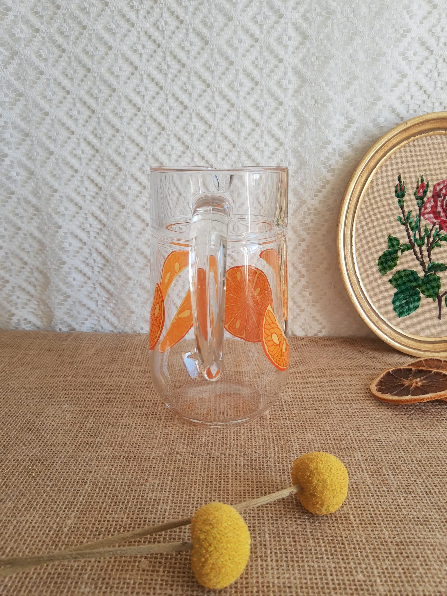 Vintage orange fruit pattern glass carafe