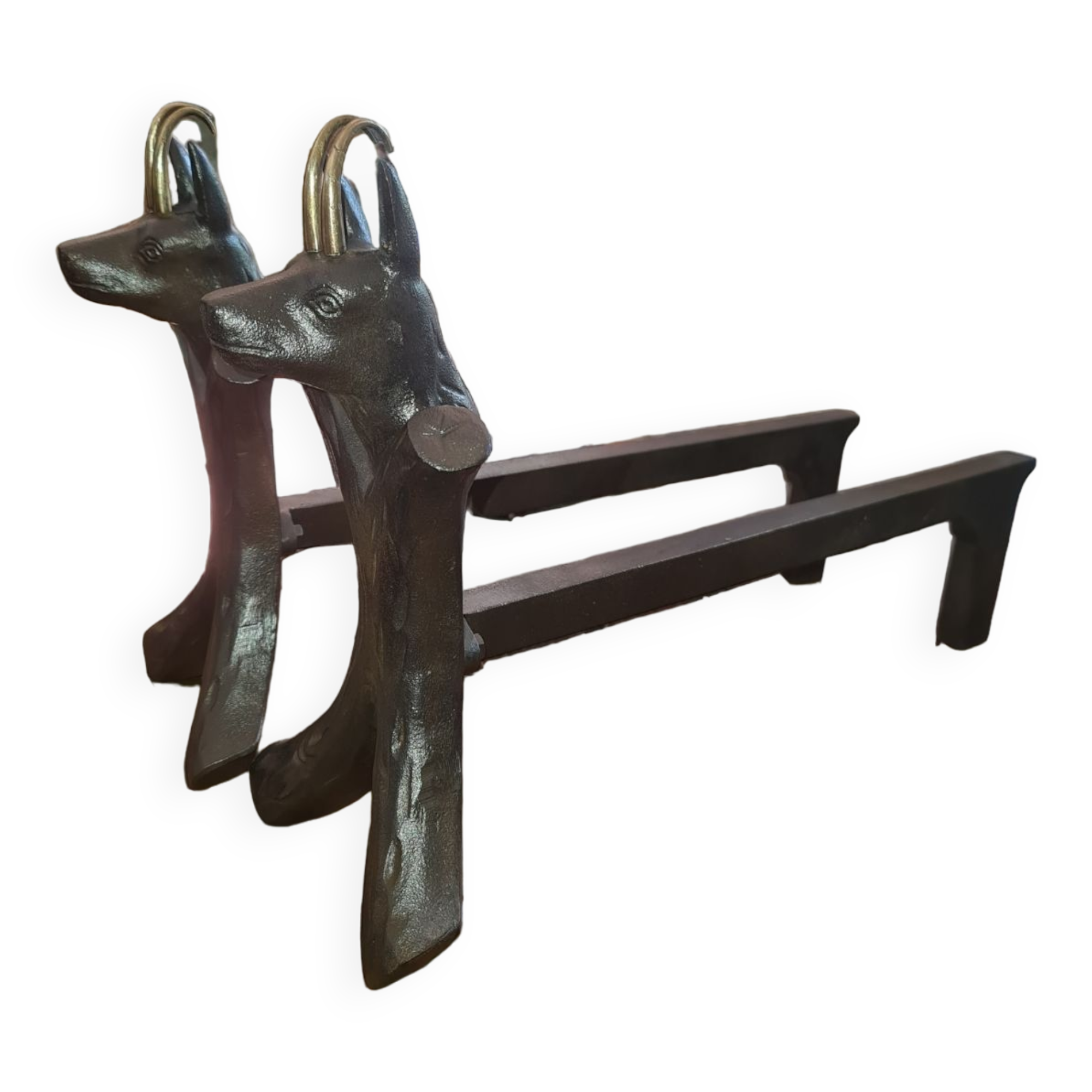 Zoomorphic buff brass and cast iron andirons