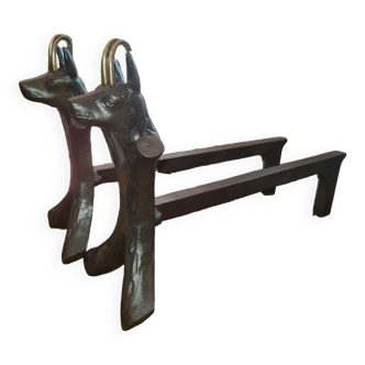 Zoomorphic buff brass and cast iron andirons