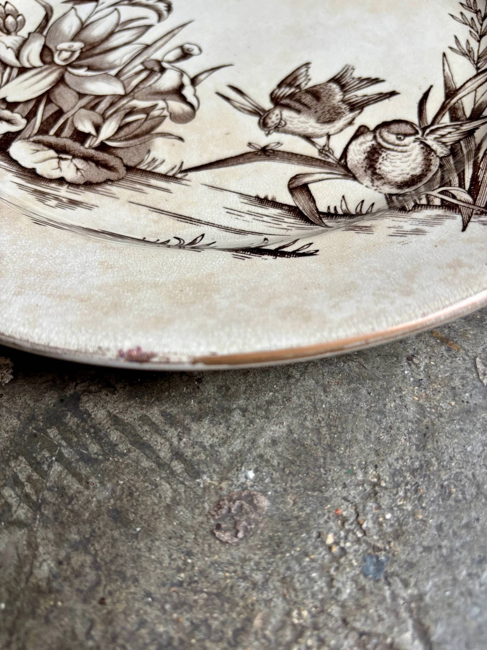 Assiette plate Tunstall en terre de fer anglaise marron et dorée, service "Amazon" vers 1880