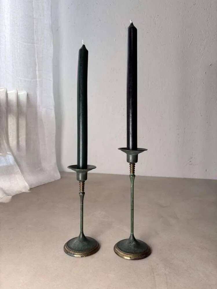 Set of two green bronze Italian candlesticks from the 1980s.