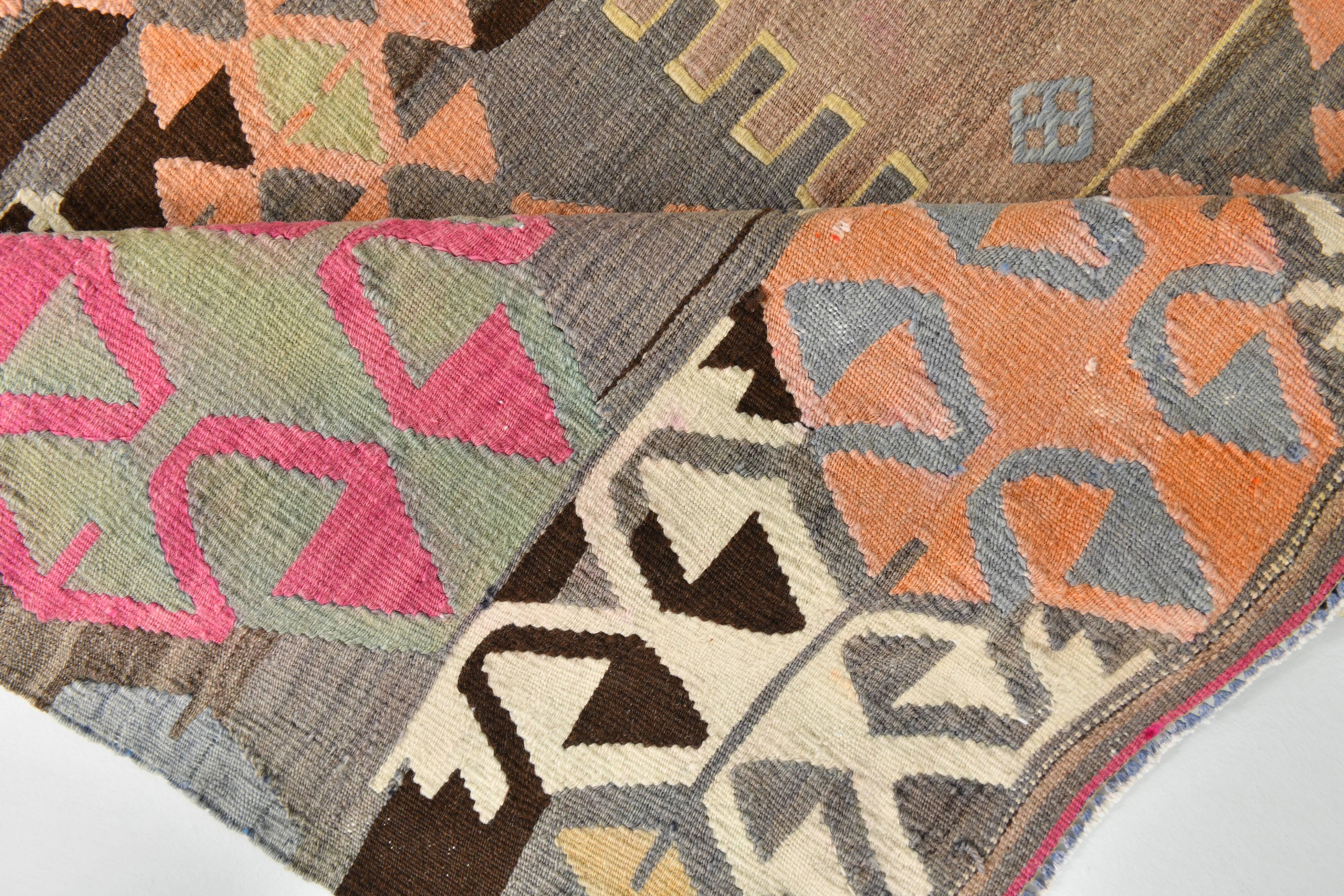 5x10 Long Wide Brown & Pink Tribal Vintage Kilim Rug, 163x298Cm