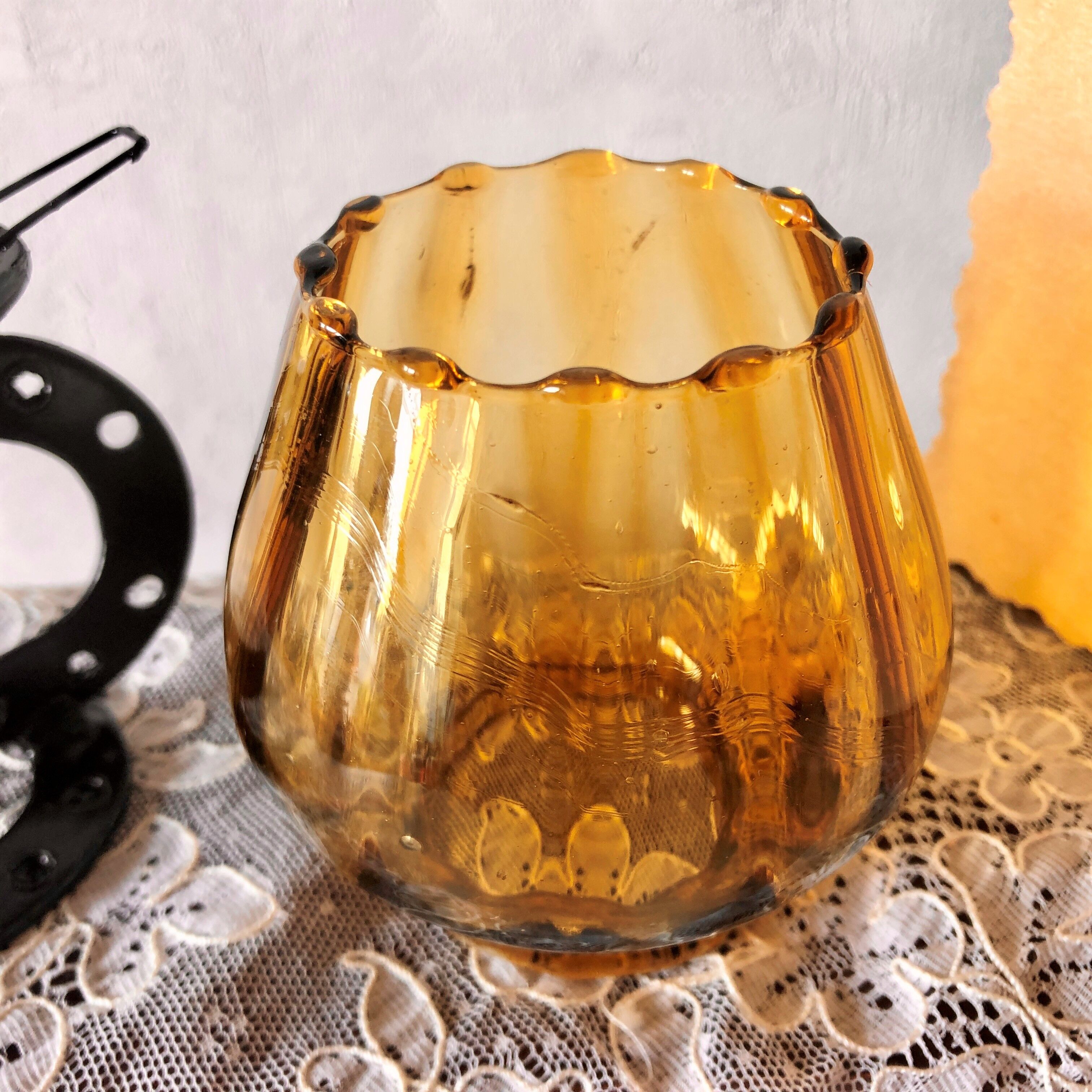 Candle holder photophore metal horseshoe and vintage amber glass