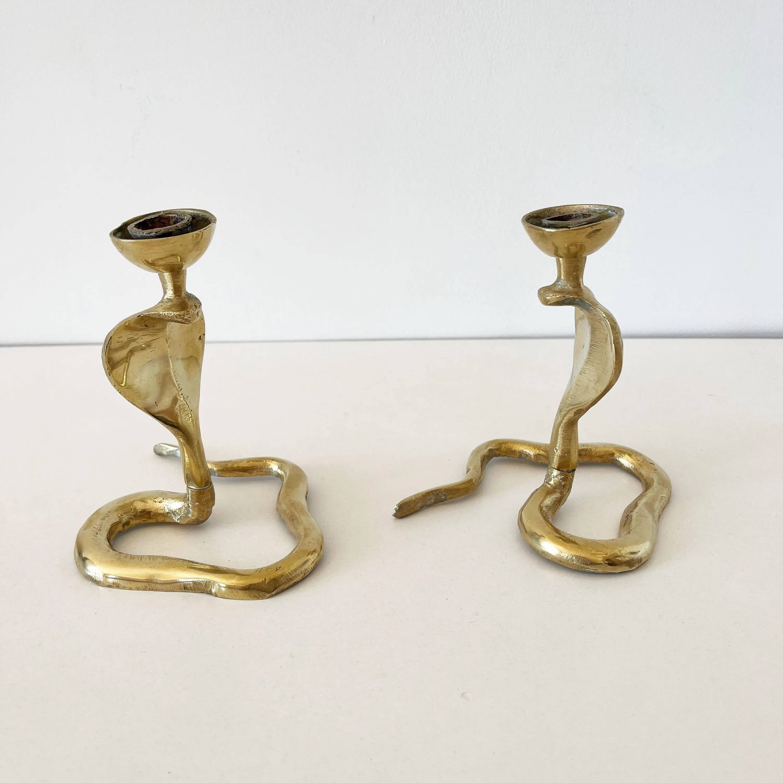 Pair of vintage brass snake candlesticks