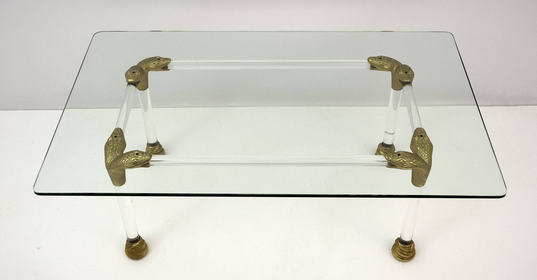 Mid-Century Lucite and Brass Italian Coffee Table with Snake Head Details