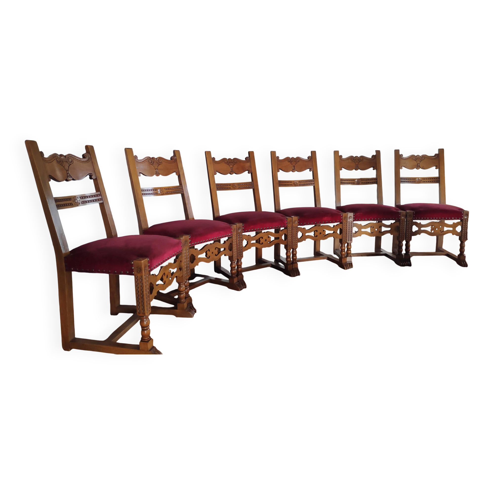 Set of 6 Louis XIII / Renaissance style chairs - carved solid oak