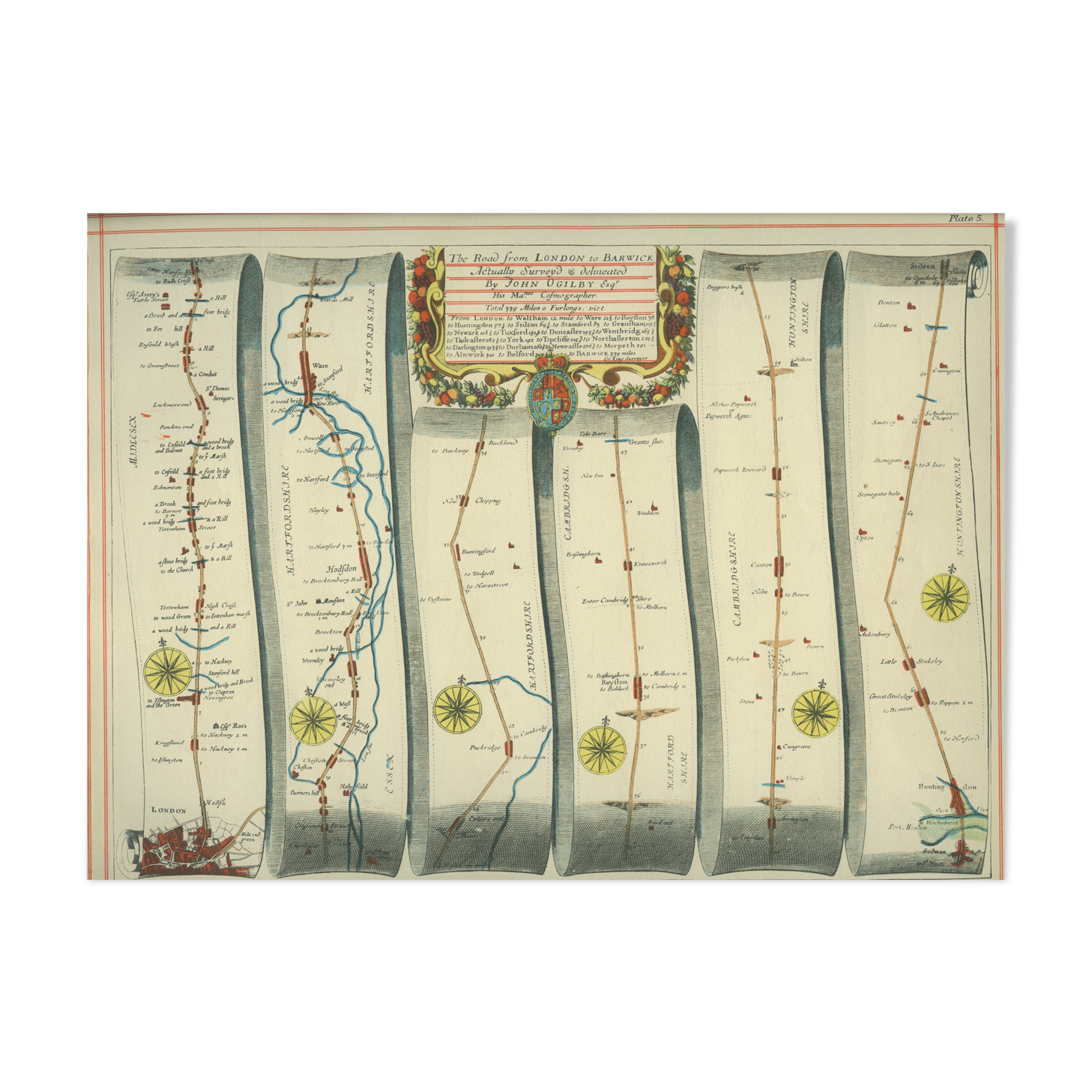 Old illustrated ribbon map from London to Barwick