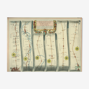 Old illustrated ribbon map from London to Barwick