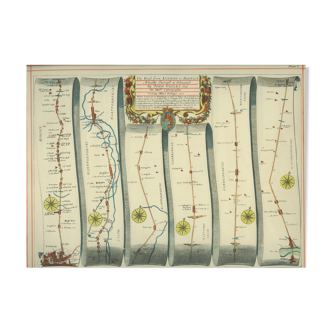 Old illustrated ribbon map from London to Barwick