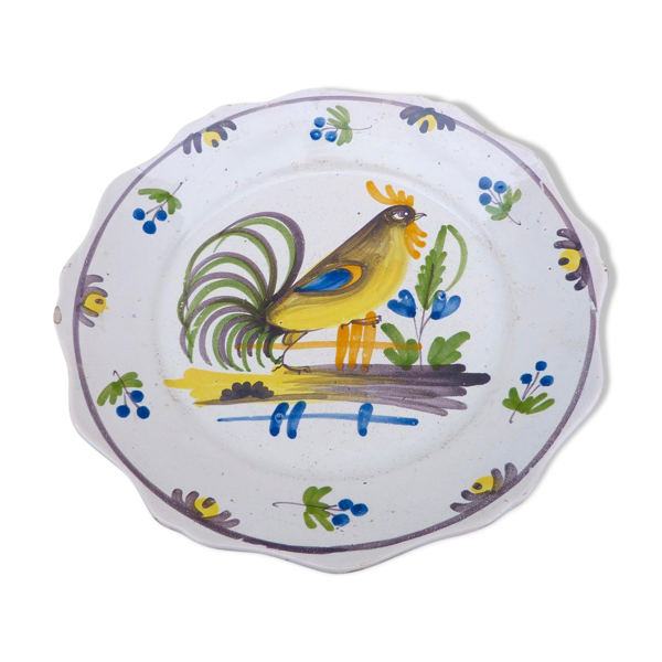 18th-century plate in Faience of Nevers or La Rochelle rooster pattern and  naive flowers | Selency