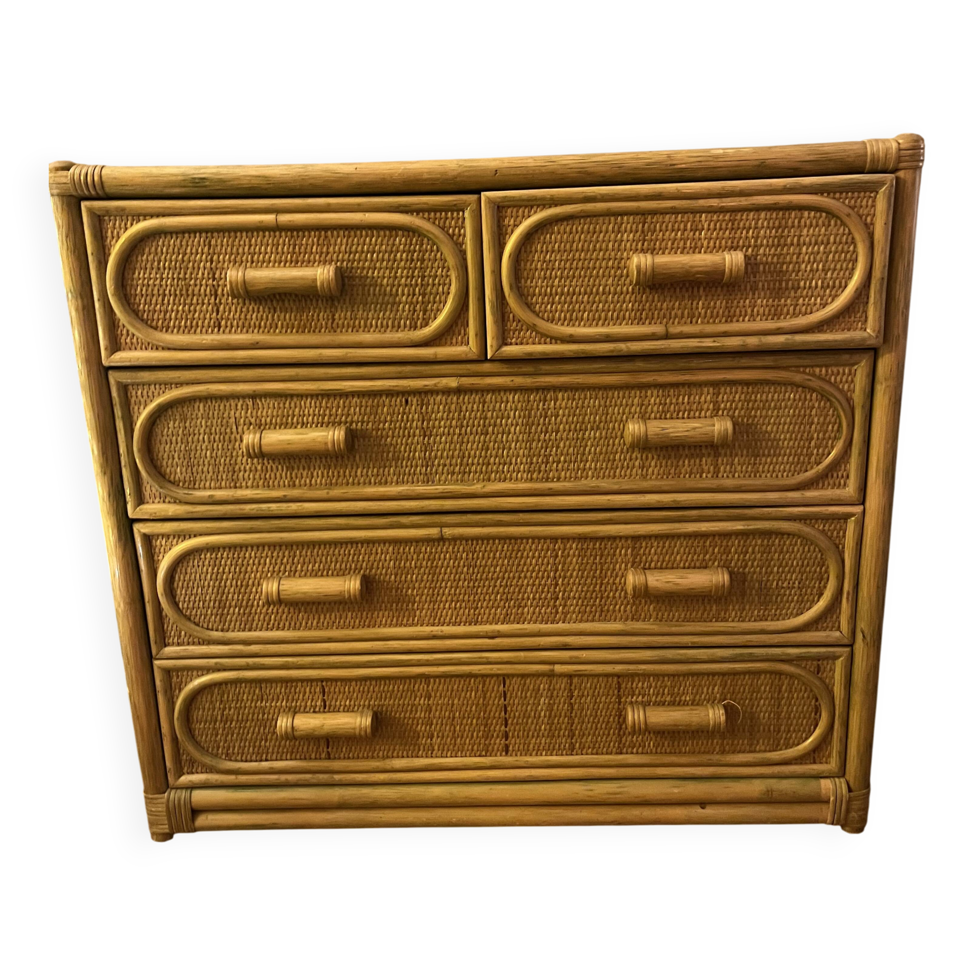 Charming rattan and bamboo chest of drawers.