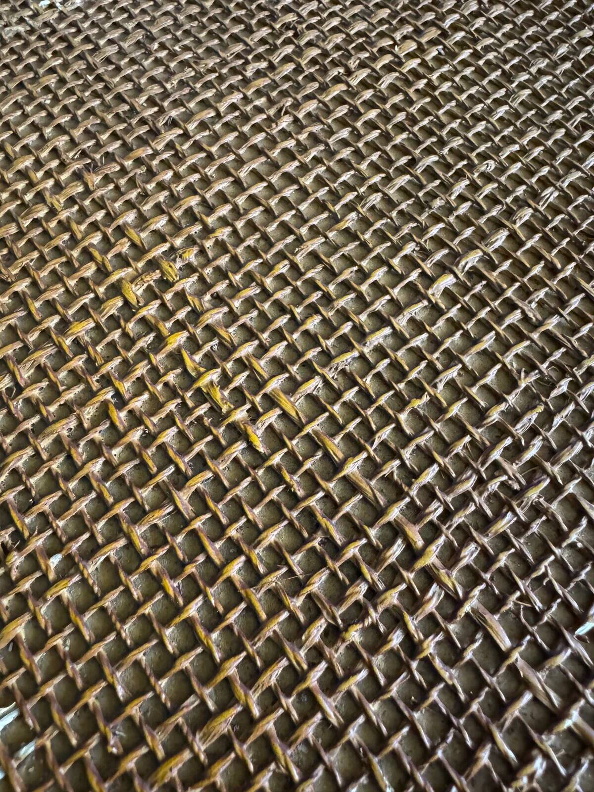 Set of 2 Art Nouveau dark brown wood side tables with natural rattan woven tops and metal details