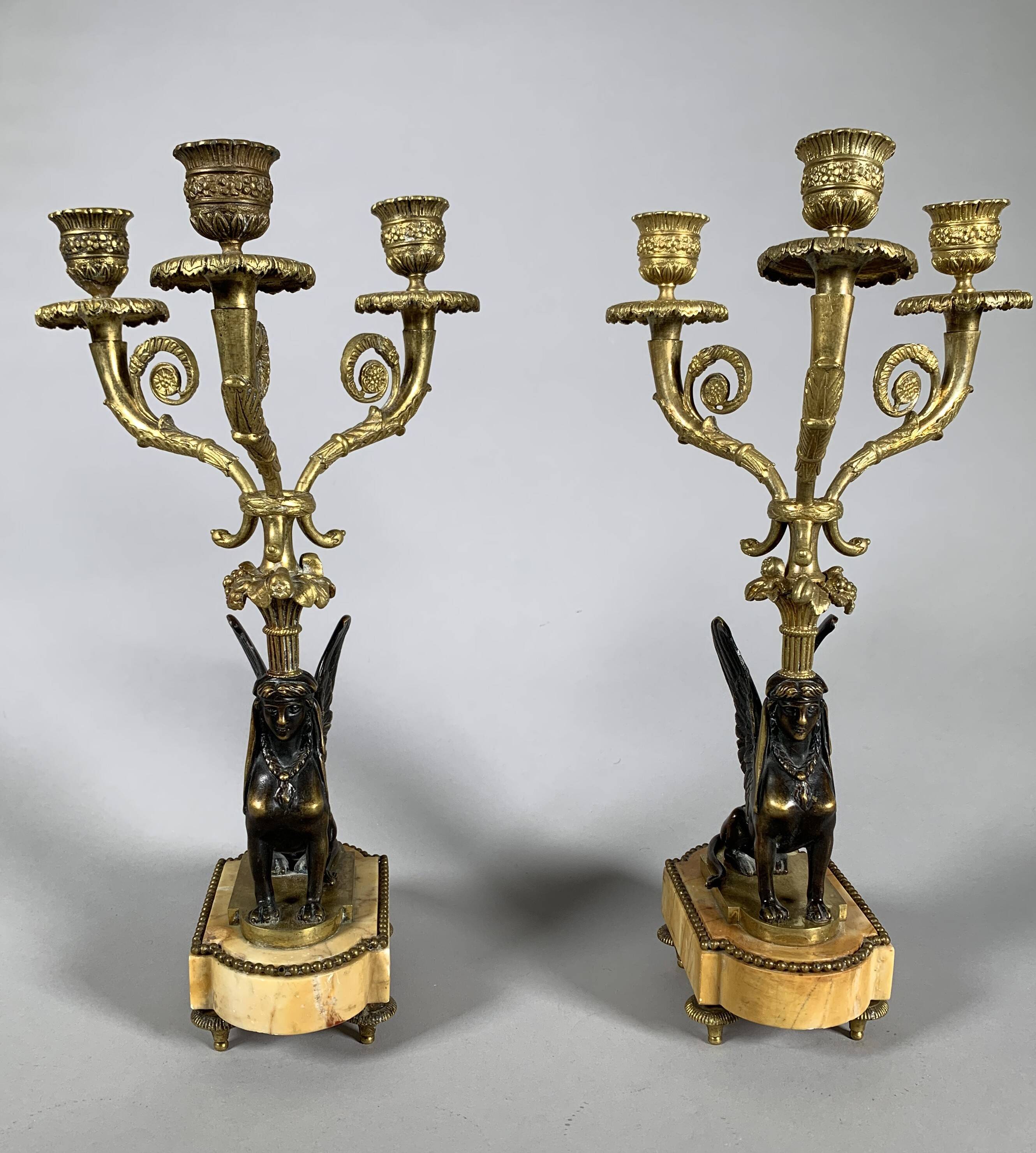 Paire De Candelabres Aux Sphinges En Bronze Dore,  XIXeme Siècle