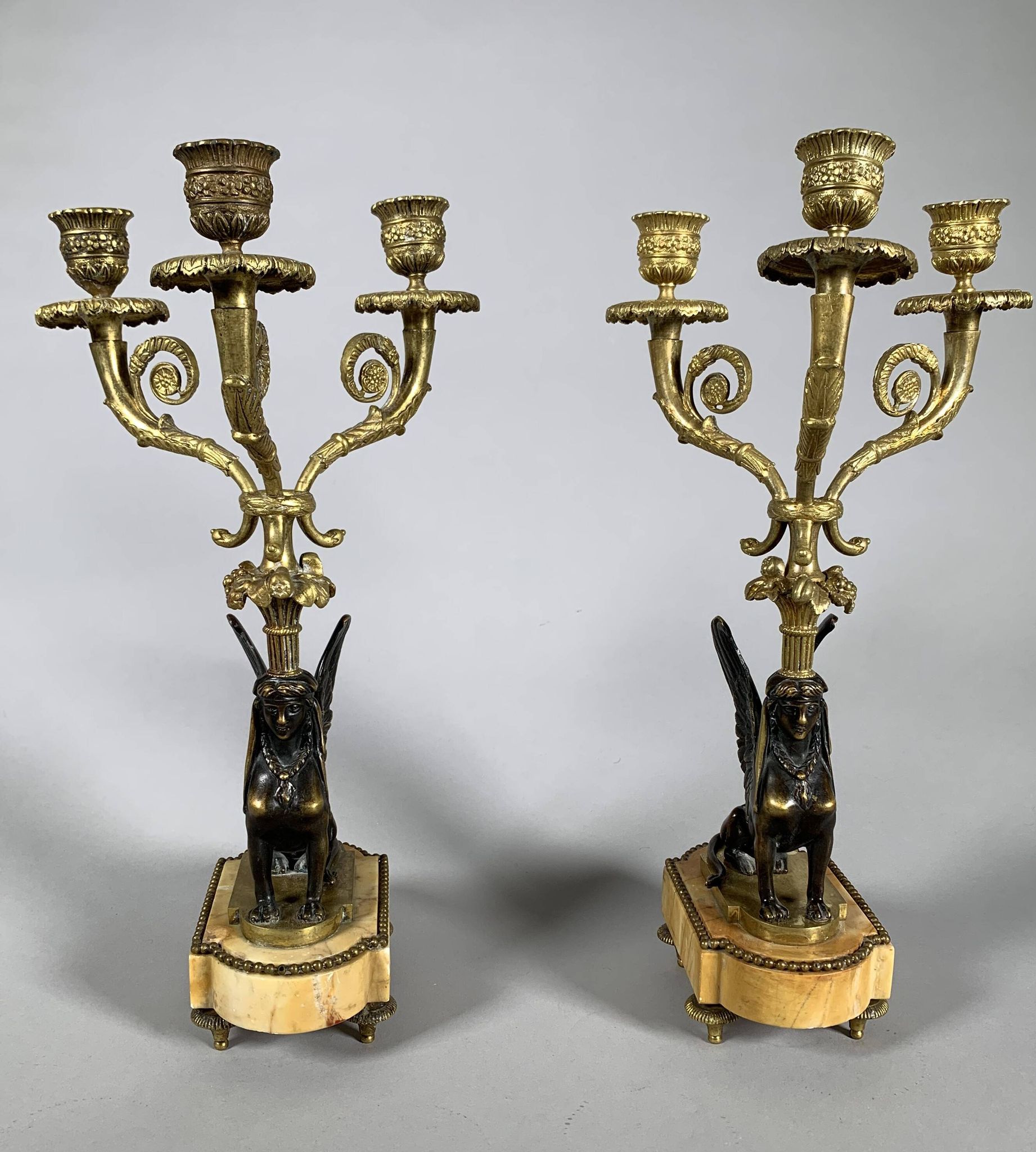 Paire De Candelabres Aux Sphinges En Bronze Dore,  XIXeme Siècle
