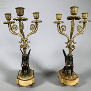 Paire De Candelabres Aux Sphinges En Bronze Dore,  XIXeme Siècle