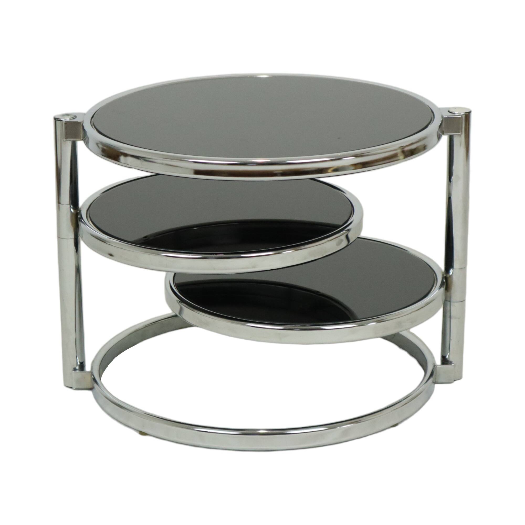 Round rotatable coffee table design black glass chrome 3 plateaus 1980s