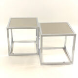 Pair of vintage cubic glass chrome metal side table with 1970 mirror glass tray