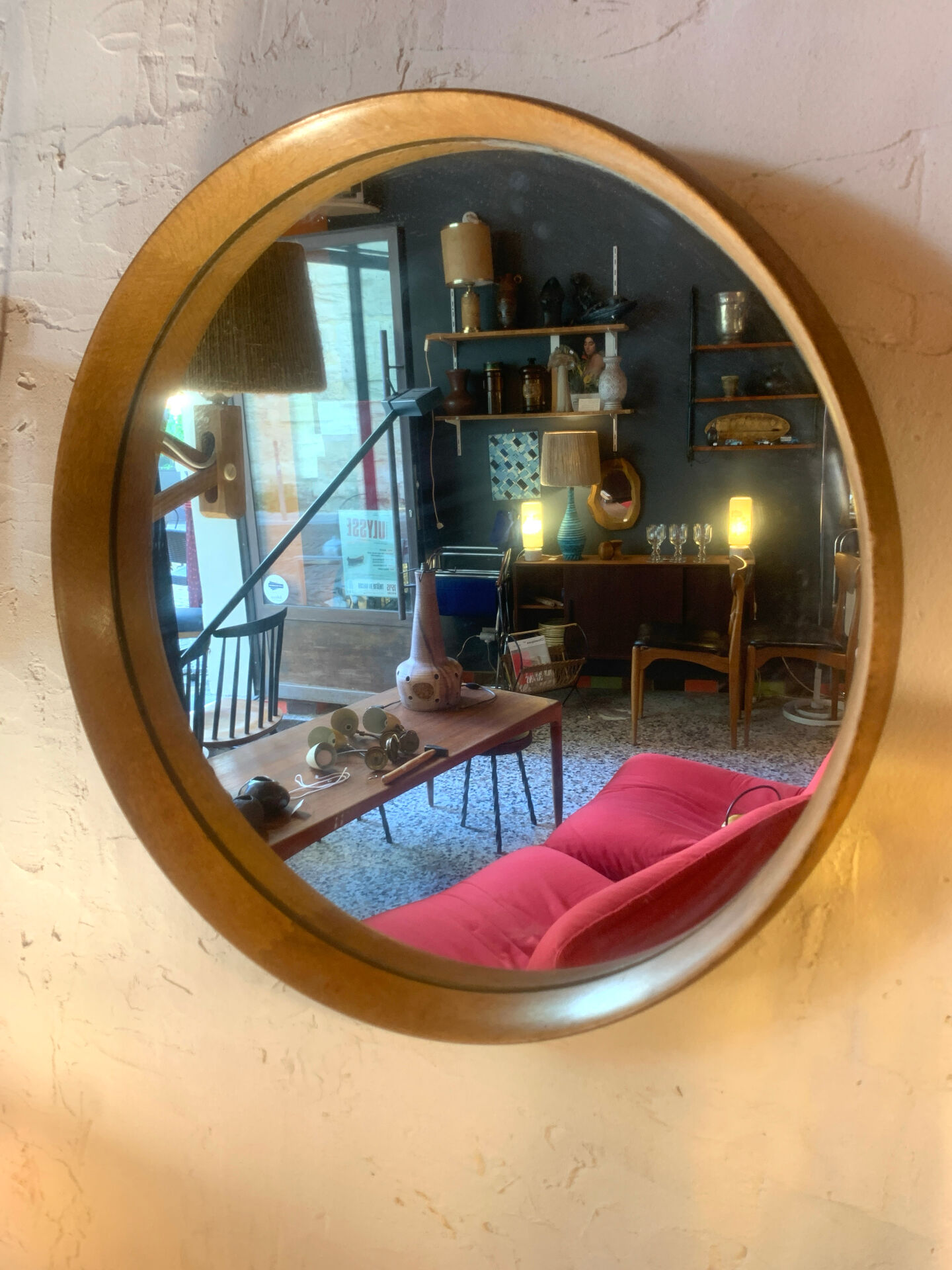 Scandinavian round mirror in teak