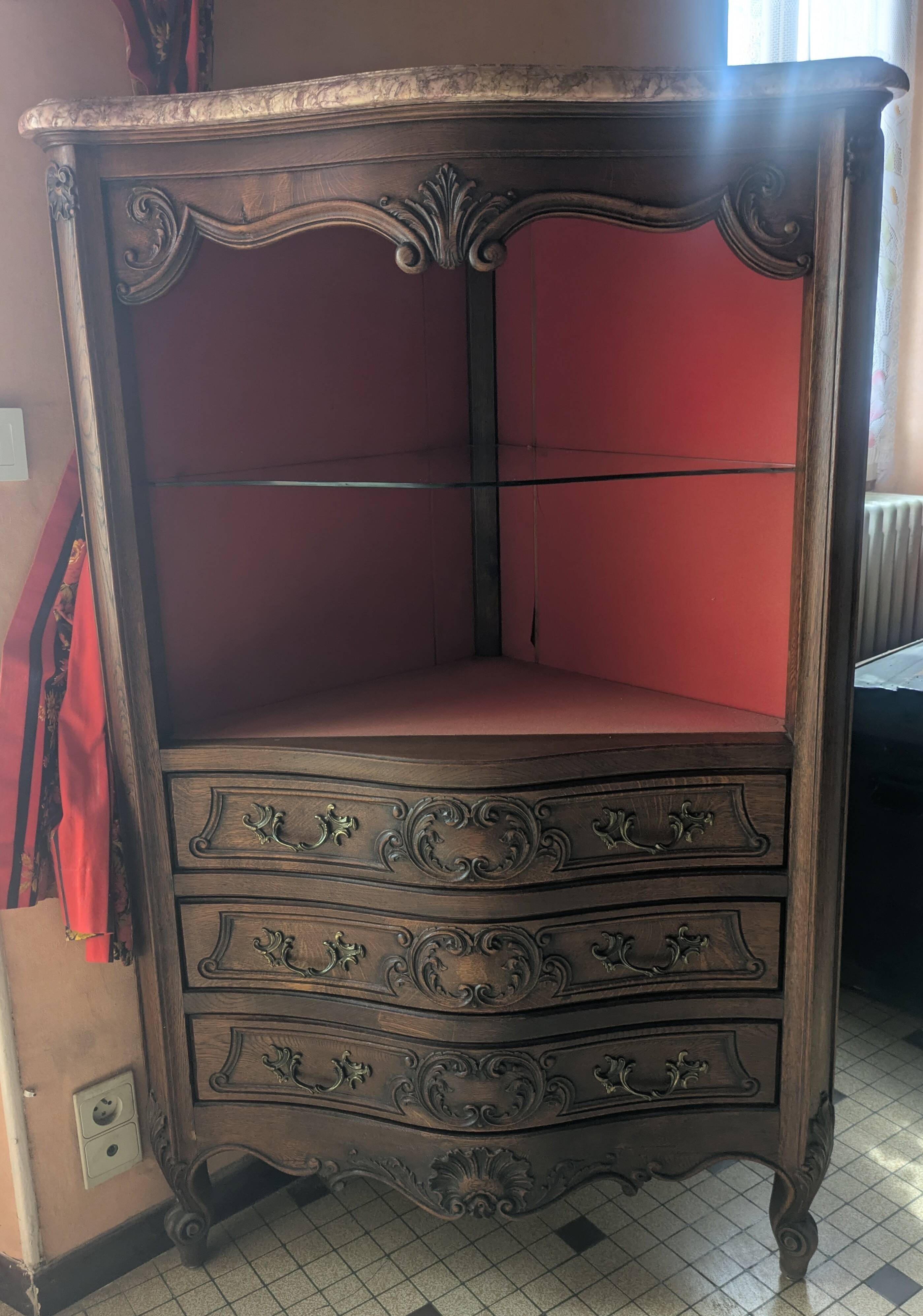 Antique corner cabinet in Louis XV style, topped with a marble surface.