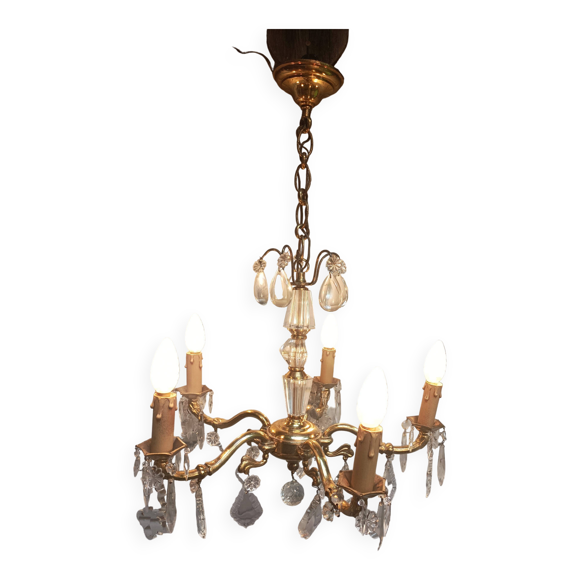 Exceptional bronze chandelier with crystal pendants in working order circa 1910