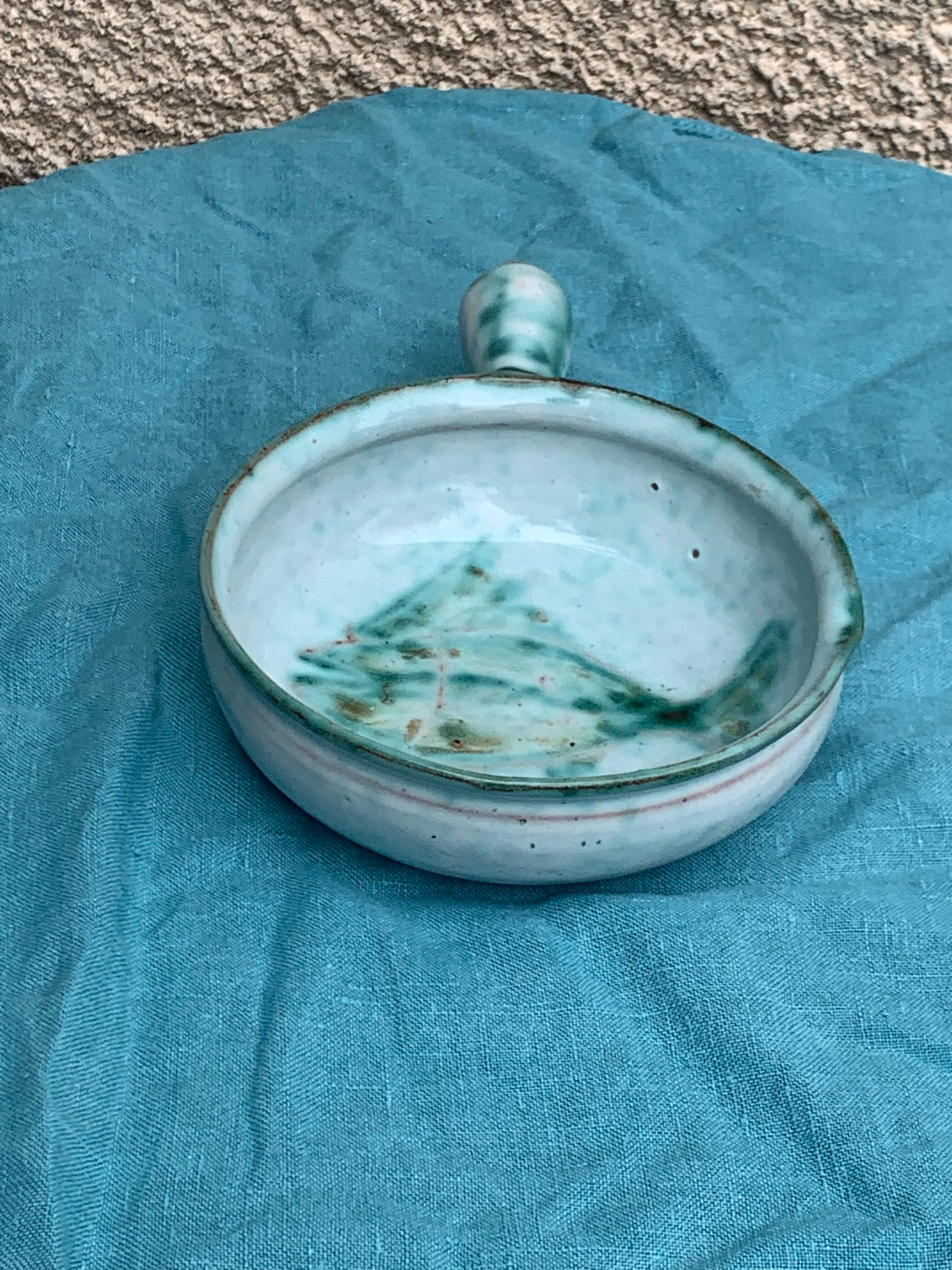 Caquelon, pan sign Humbert pittari vallauris model with blue glazed ceramic fish