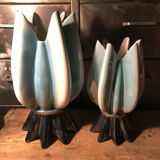 Pair of vases in iridescent ceramic shape flower
