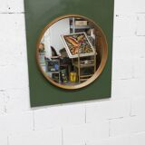 Unusual round wall mirror 60 cm teak edge on green rectangular board 1960.
