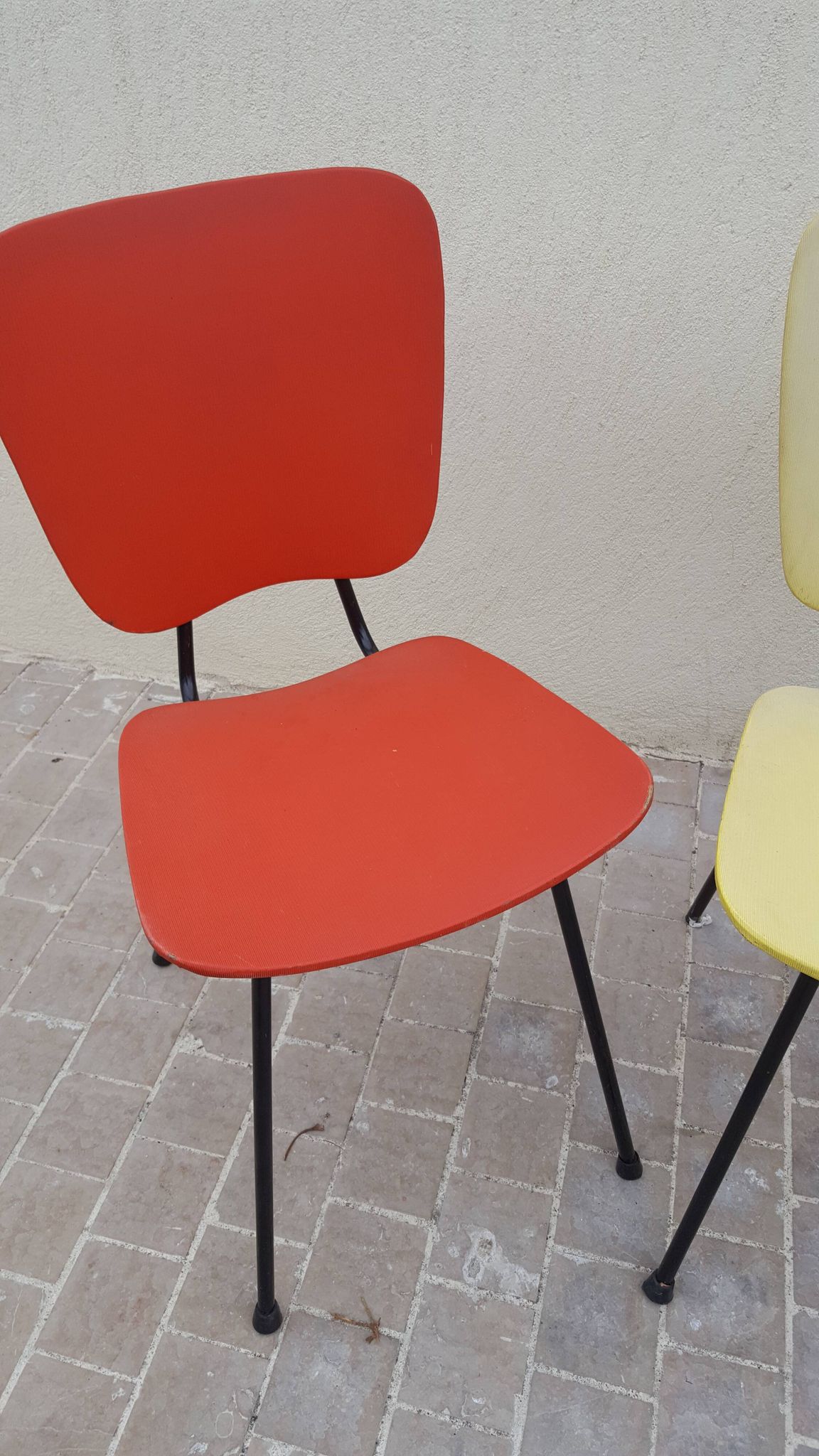 4 vintage metal tubular feet chairs, vinyl seating, skai