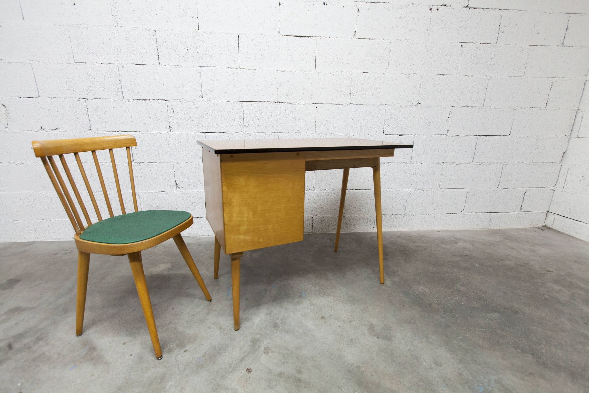 Baumann desk and chair, 1960s, Formica, wood and black, green seat