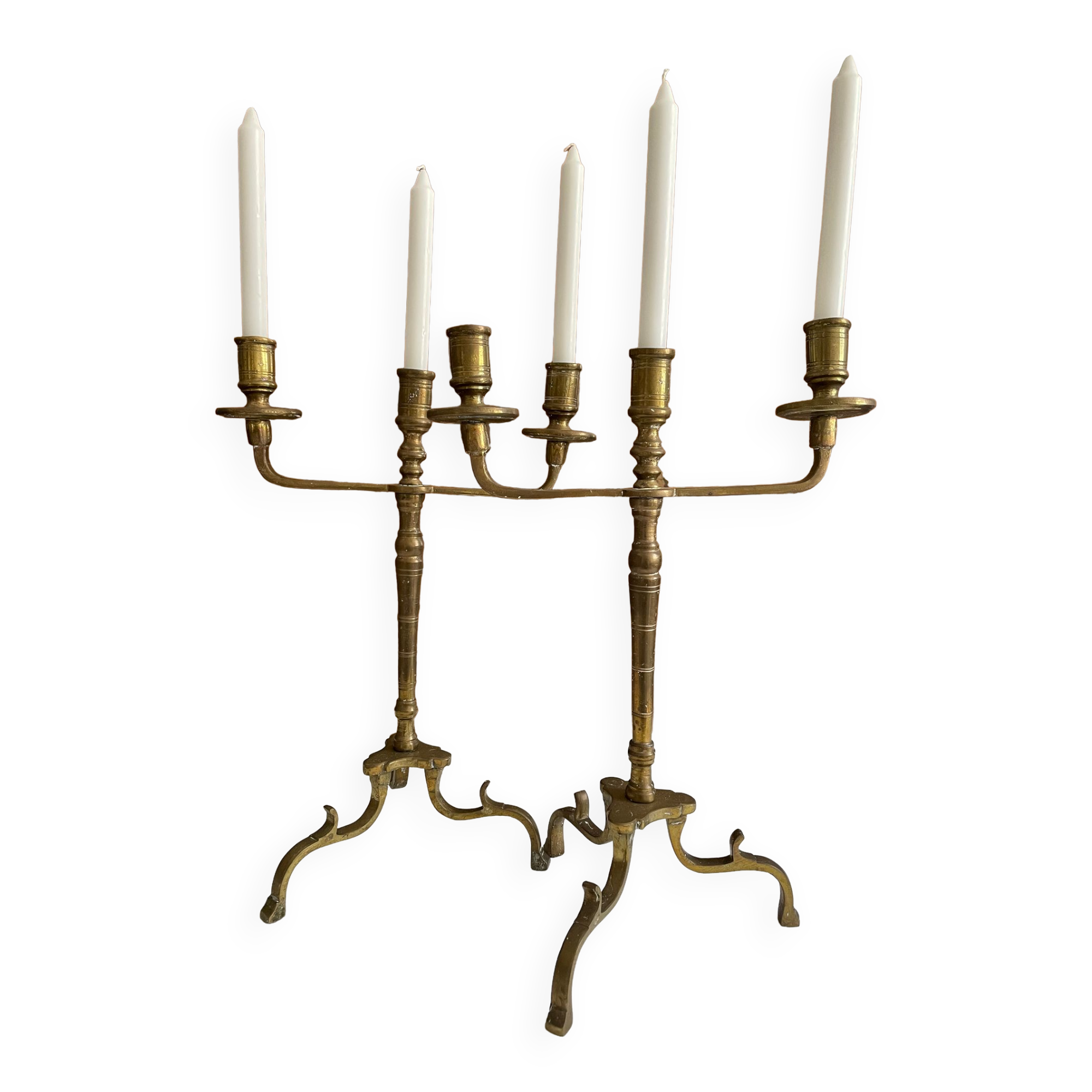 Pair of 3-spoke brass candlesticks