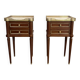 Pair of mahogany and brass side tables or bedside tables with Carrara marble tops.