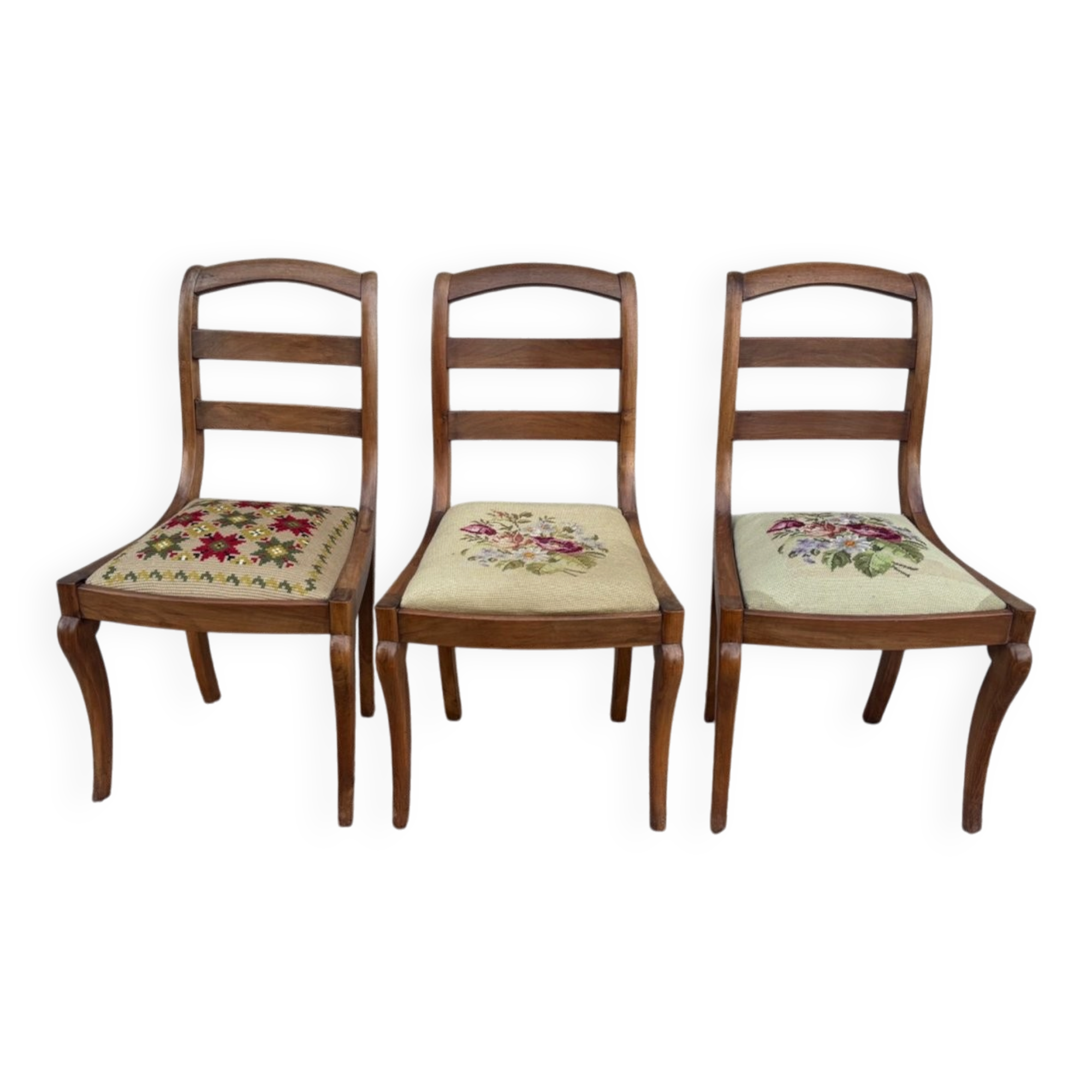 Set of three Louis XV chairs in solid walnut with petit point upholstery from the 19th century.
