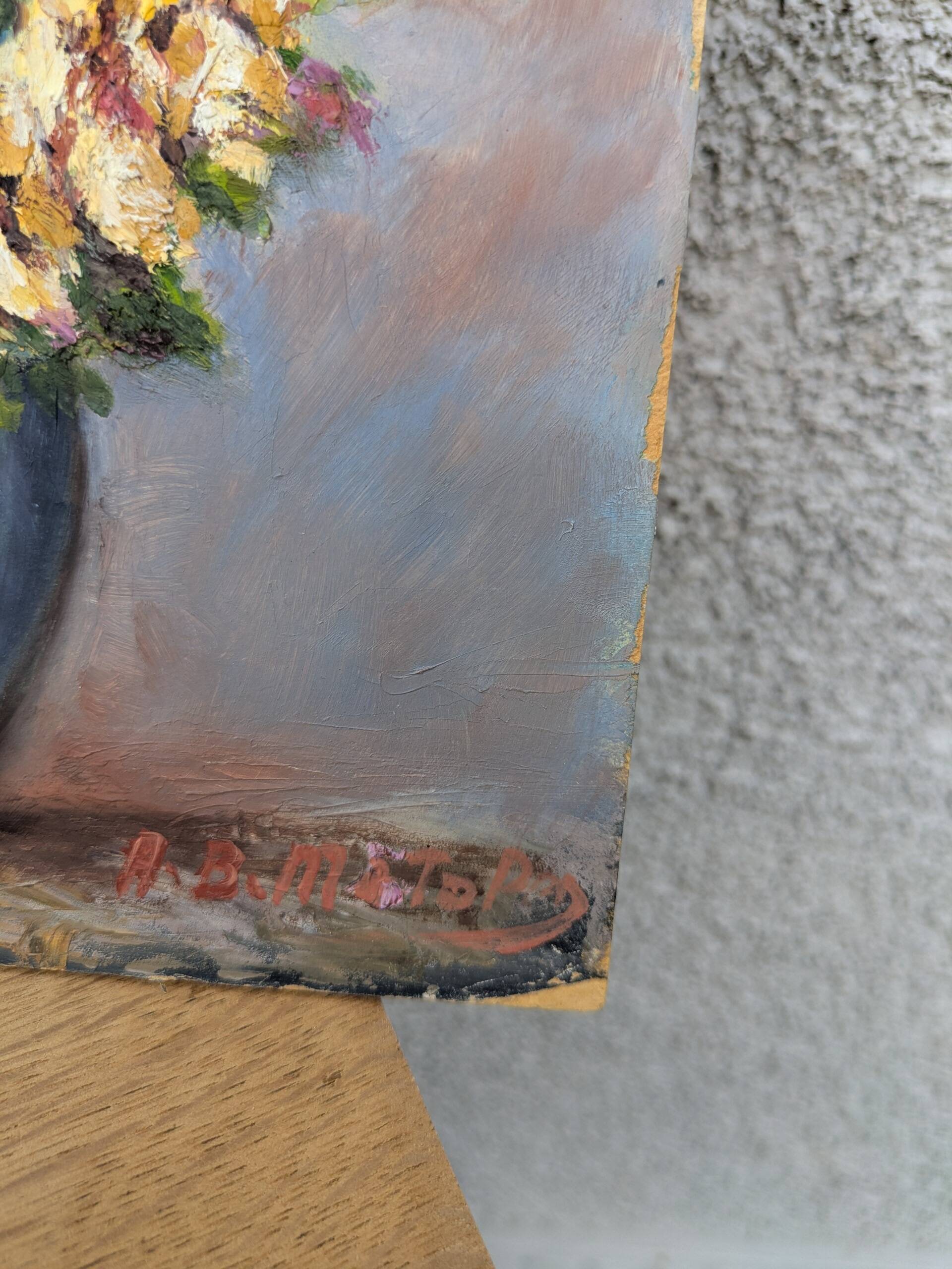 Bouquet of flowers, oil on cardboard