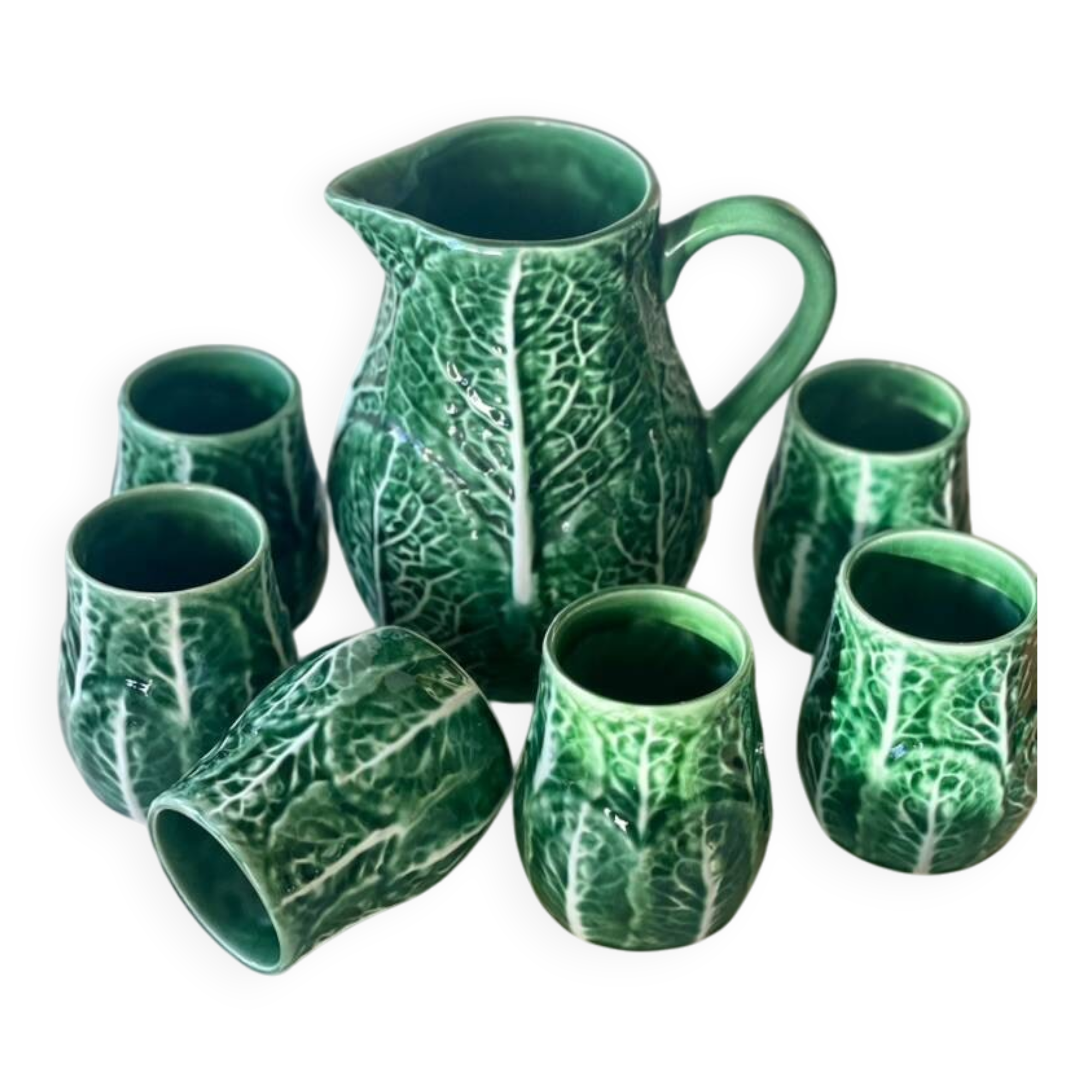 Service Vintage Années 70 – Carafe Majolica Verte + 6 Mugs Feuillage
