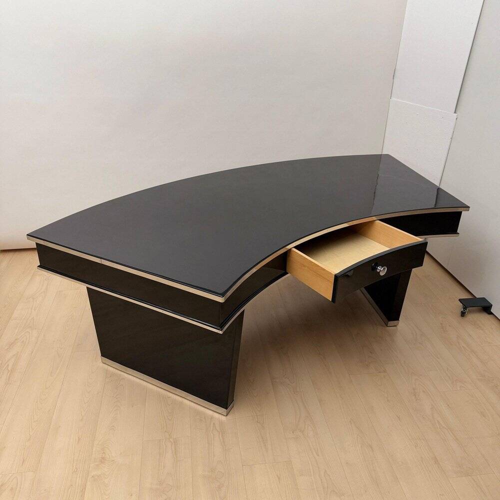 Art Deco desk in black lacquer, walnut & metal, France, 1950