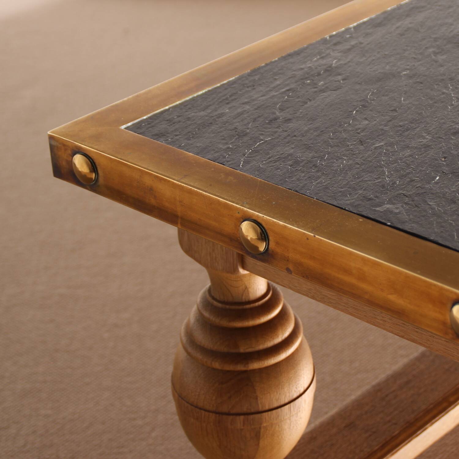 Rustic Coffee Table in Slate, Brass and Solid Oak | Germany 1970s